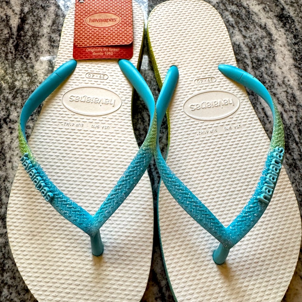 Brand new Havianas 9/10 slim glitter mix flip flops blue & white